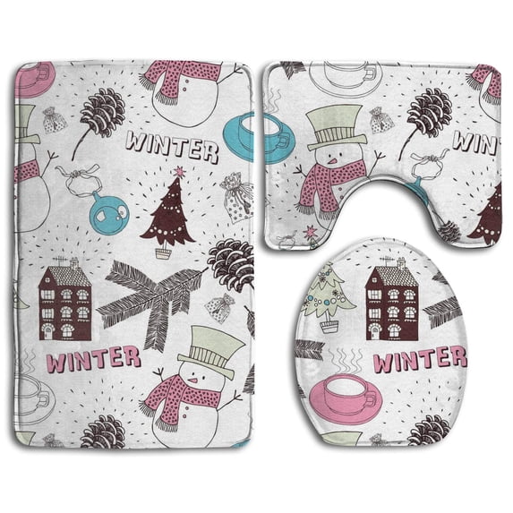 PUDMAD Santa Claus Snow Man Elk 3 Piece Bathroom Rugs Set Bath Rug Contour Mat and Toilet Lid Cover