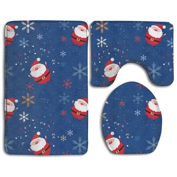 PUDMAD Santa Claus Snowflake 3 Piece Bathroom Rugs Set Bath Rug Contour Mat and Toilet Lid Cover