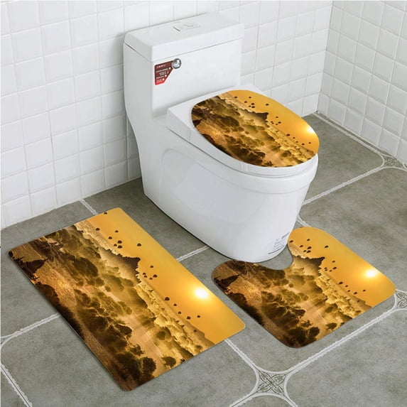 PUDMAD Scenic Sunrise Above Bagan in Myanmar 3 Piece Bathroom Rugs Set Bath Rug Contour Mat and Toilet Lid Cover