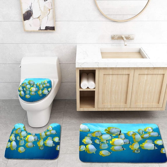PUDMAD School Colorful Tropical Fish 3 Piece Bathroom Rugs Set Bath Rug Contour Mat and Toilet Lid Cover