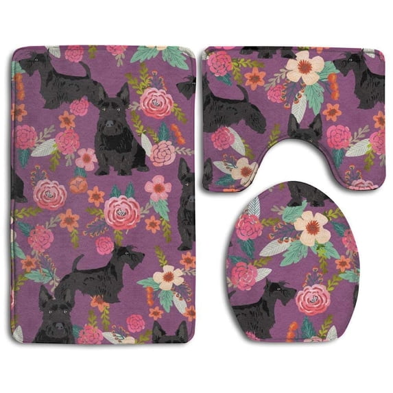 PUDMAD Scottie Dog Florals 3 Piece Bathroom Rugs Set Bath Rug Contour Mat and Toilet Lid Cover