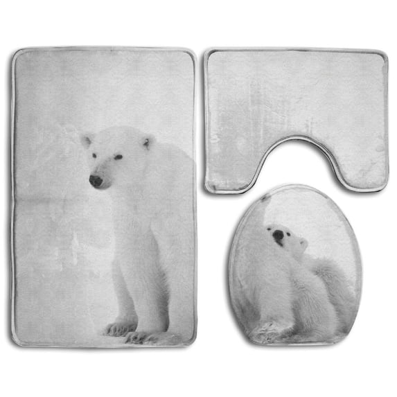 PUDMAD Sea Collection Polar Bear Family Two Small Bear Cubs Around Snow Cold Winter North 3 Piece Bathroom Rugs Set Bath Rug Contour Mat and Toilet Lid Cover