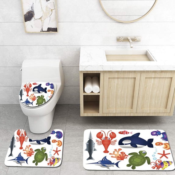 PUDMAD Sea Creature Collection 3 Piece Bathroom Rugs Set Bath Rug Contour Mat and Toilet Lid Cover