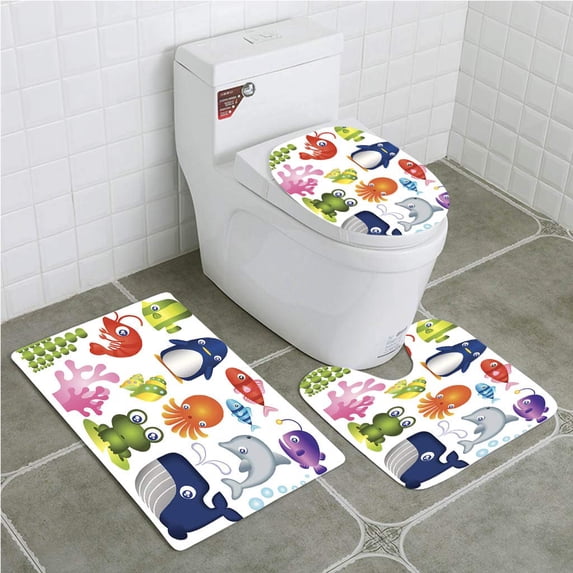 PUDMAD Sea Creature Collection 3 Piece Bathroom Rugs Set Bath Rug Contour Mat and Toilet Lid Cover