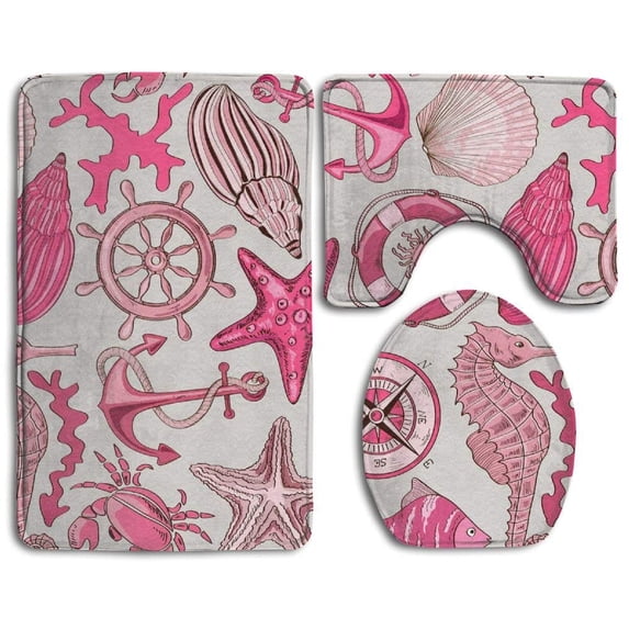 PUDMAD Sea Creatures Shells Starfish Anchor 3 Piece Bathroom Rugs Set Bath Rug Contour Mat and Toilet Lid Cover
