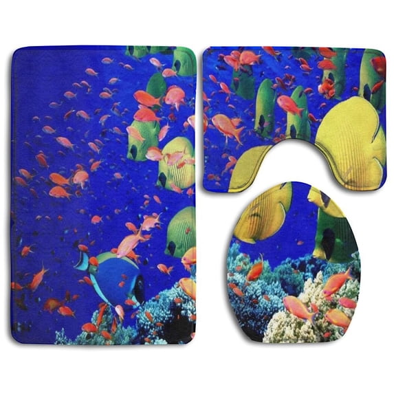PUDMAD Sea Fish Art 3 Piece Bathroom Rugs Set Bath Rug Contour Mat and Toilet Lid Cover