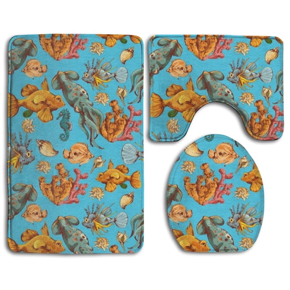 PUDMAD Sea Fishes and Ocean Creatures Colored 3 Piece Bathroom Rugs Set Bath Rug Contour Mat and Toilet Lid Cover