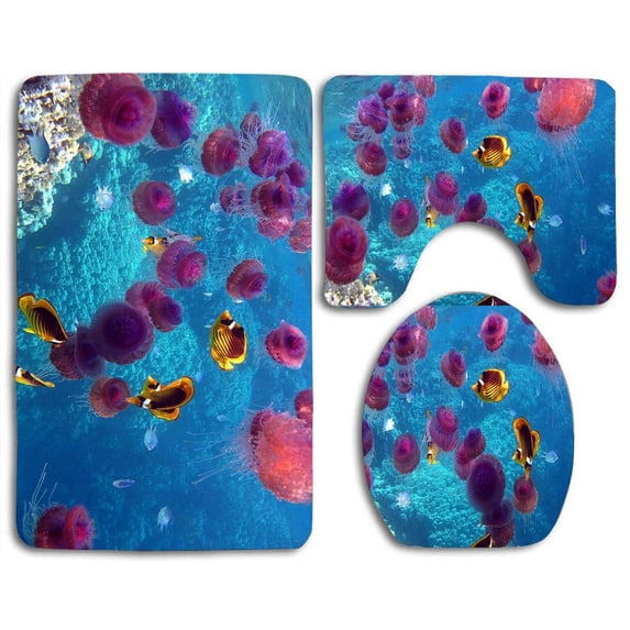 PUDMAD Sea Life Fish Jellyfish 3 Piece Bathroom Rugs Set Bath Rug Contour Mat and Toilet Lid Cover
