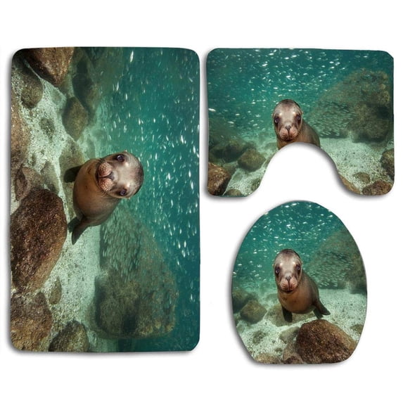 PUDMAD Sea Lion 3 Piece Bathroom Rugs Set Bath Rug Contour Mat and Toilet Lid Cover