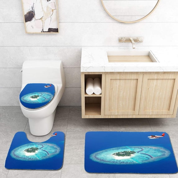 PUDMAD Sea Plane Flying Above Maldives Islands 3 Piece Bathroom Rugs Set Bath Rug Contour Mat and Toilet Lid Cover