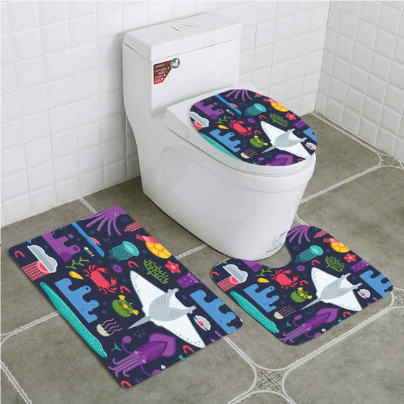 PUDMAD Sea Seamless 3 Piece Bathroom Rugs Set Bath Rug Contour Mat and Toilet Lid Cover