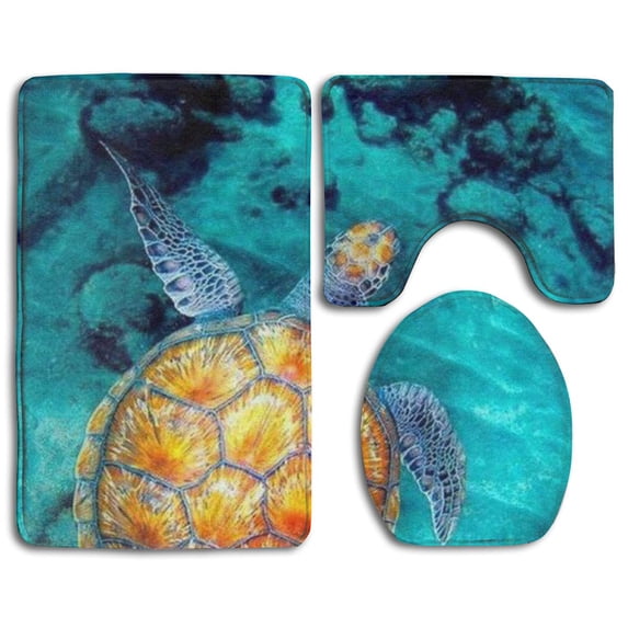 PUDMAD Sea Turtle 3 Piece Bathroom Rugs Set Bath Rug Contour Mat and Toilet Lid Cover