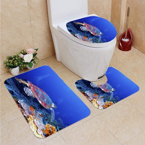 PUDMAD Sea Turtle Near Coral Reef Bali 3 Piece Bathroom Rugs Set Bath Rug Contour Mat and Toilet Lid Cover
