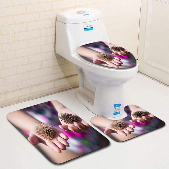 PUDMAD Sea Urchin 3 Piece Bathroom Rugs Set Bath Rug Contour Mat and Toilet Lid Cover
