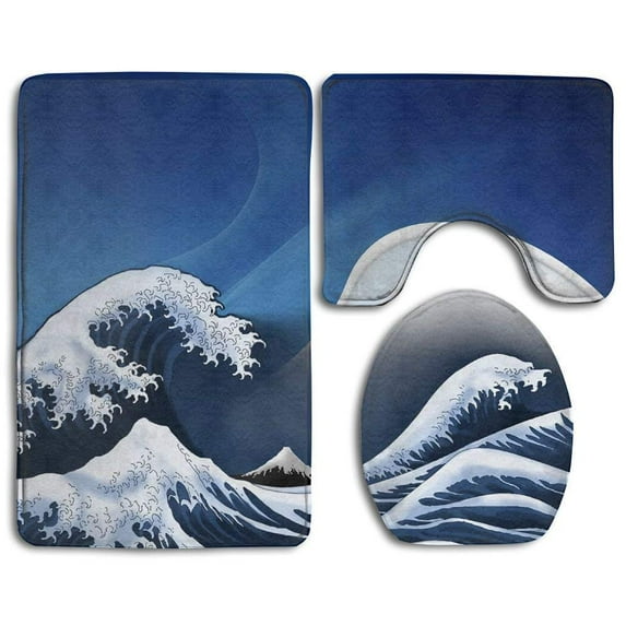 PUDMAD Sea Water Waves 3 Piece Bathroom Rugs Set Bath Rug Contour Mat and Toilet Lid Cover