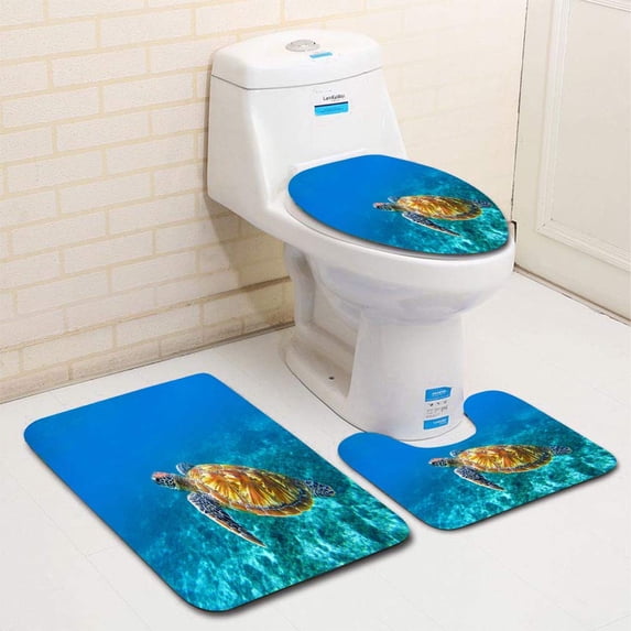 PUDMAD Sea turtle in ocean closeup sea turtle closeup Endange species tropical coral ree 3 Piece Bathroom Rugs Set Bath Rug Contour Mat and Toilet Lid Cover