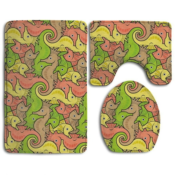 PUDMAD Seahorse Fish 3 Piece Bathroom Rugs Set Bath Rug Contour Mat and Toilet Lid Cover