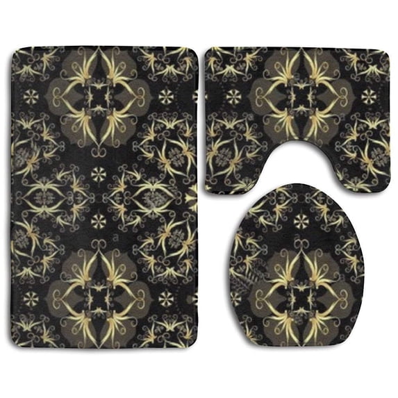 PUDMAD Seamless Black and Gold Mandala 3 Piece Bathroom Rugs Set Bath Rug Contour Mat and Toilet Lid Cover