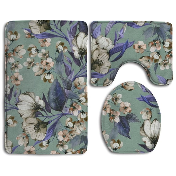 PUDMAD Seamless Floral Eustoma Light Watercolor 3 Piece Bathroom Rugs Set Bath Rug Contour Mat and Toilet Lid Cover