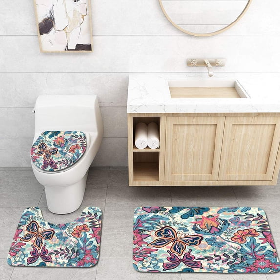 PUDMAD Seamless Floral Fantasy Flowers and Butterflies on Colorful 3 Piece Bathroom Rugs Set Bath Rug Contour Mat and Toilet Lid Cover