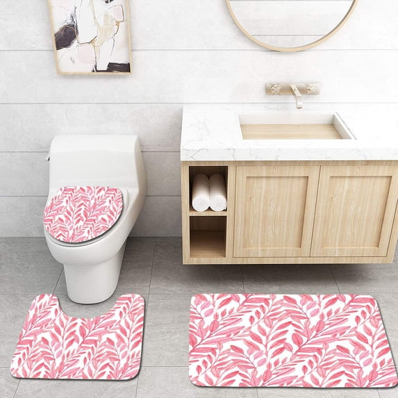 PUDMAD Seamless Pink Leaves 3 Piece Bathroom Rugs Set Bath Rug Contour Mat and Toilet Lid Cover