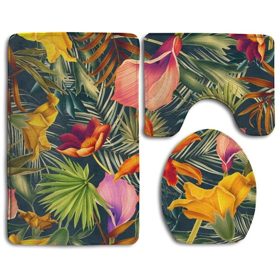 PUDMAD Seamless Tropical Flower Plant Leaf Retro Botanical Style Stylish Flowers 3 Piece Bathroom Rugs Set Bath Rug Contour Mat and Toilet Lid Cover