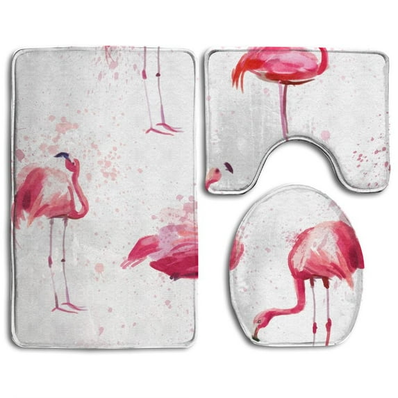 PUDMAD Seamless Watercolor Pink Watercolor Flamingos 3 Piece Bathroom Rugs Set Bath Rug Contour Mat and Toilet Lid Cover