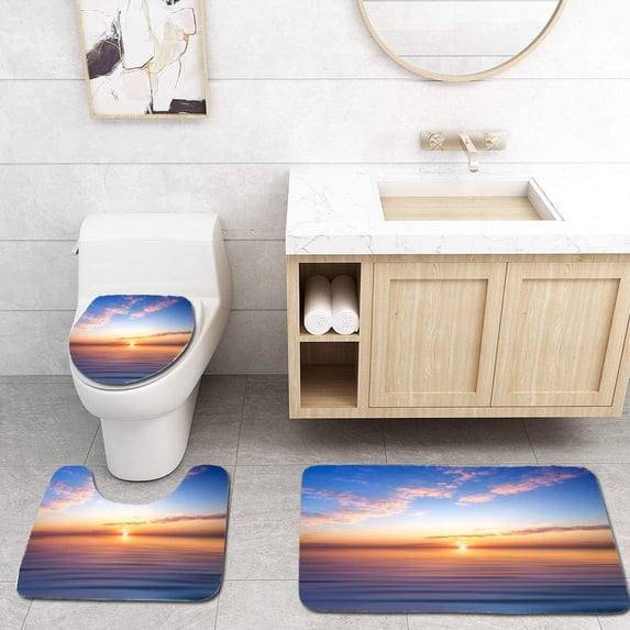 PUDMAD Seascape 3 Piece Bathroom Rugs Set Bath Rug Contour Mat and Toilet Lid Cover
