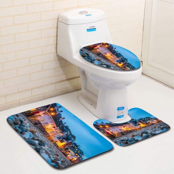PUDMAD Seaside Cottages Overlooking Pebble Beach Illuminated Lyme Regis Devon UK 3 Piece Bathroom Rugs Set Bath Rug Contour Mat and Toilet Lid Cover
