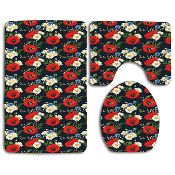 PUDMAD Seasonal Scene Flourishing Flower Arrangement Honey Bees Poppy Daisy 3 Piece Bathroom Rugs Set Bath Rug Contour Mat and Toilet Lid Cover