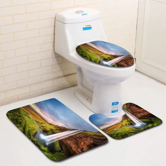 PUDMAD Seljalandsfoss Waterfall in Iceland at Sunset 3 Piece Bathroom Rugs Set Bath Rug Contour Mat and Toilet Lid Cover