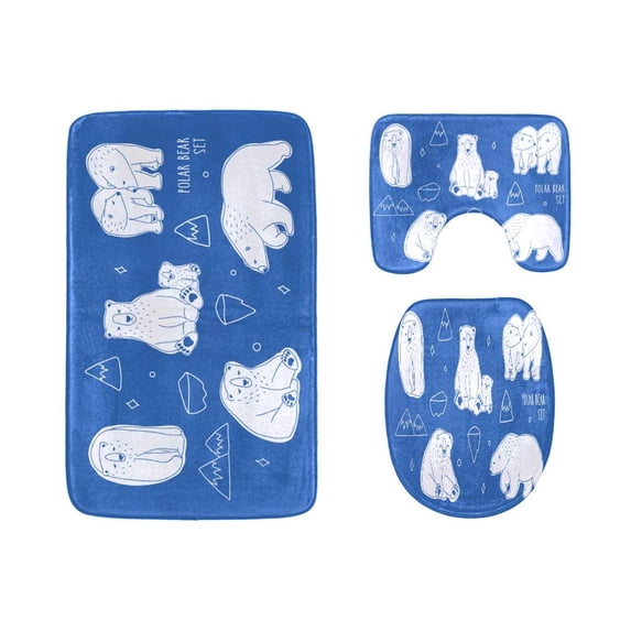 PUDMAD Set Different White Polar Bears Hand Drawn 3 Piece Bathroom Rugs Set Bath Rug Contour Mat and Toilet Lid Cover
