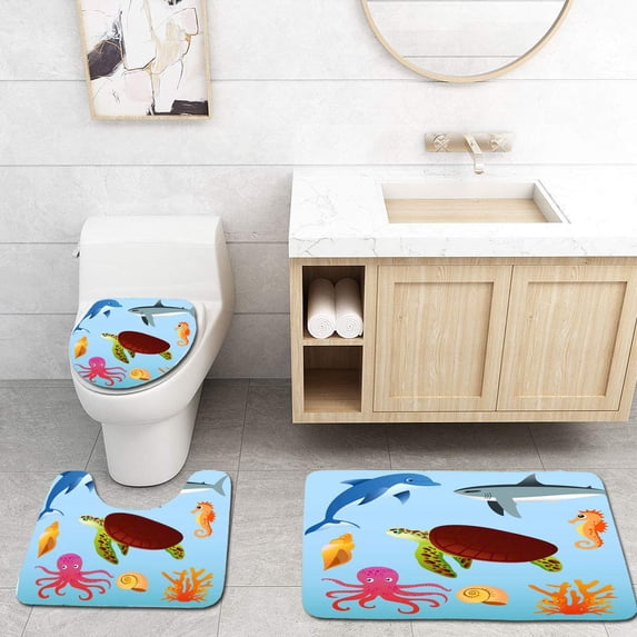 PUDMAD Set sea on Light Blue Color in Flat Cartoon Style 3 Piece Bathroom Rugs Set Bath Rug Contour Mat and Toilet Lid Cover