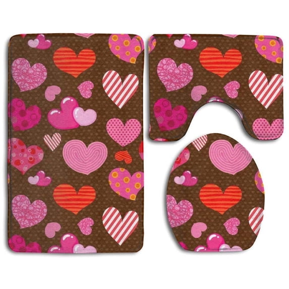 PUDMAD Shape Heart 3 Piece Bathroom Rugs Set Bath Rug Contour Mat and Toilet Lid Cover