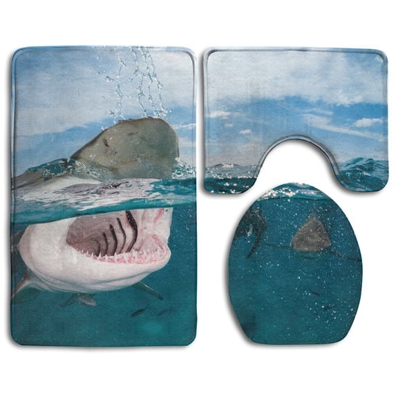 PUDMAD Shark 3 Piece Bathroom Rugs Set Bath Rug Contour Mat and Toilet Lid Cover