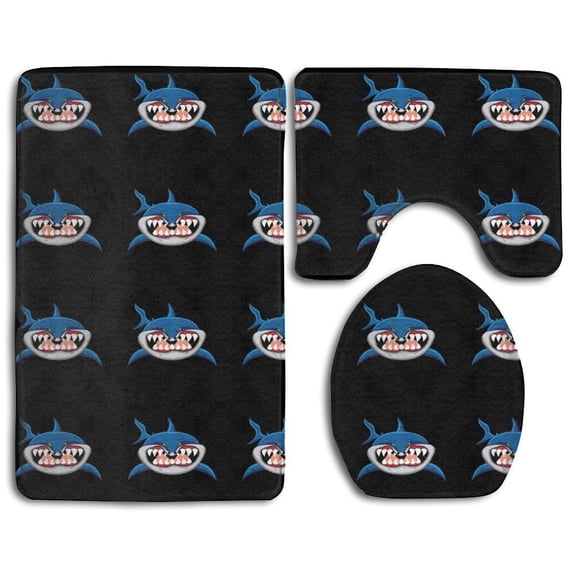 PUDMAD Shark Teeth 3 Piece Bathroom Rugs Set Bath Rug Contour Mat and Toilet Lid Cover