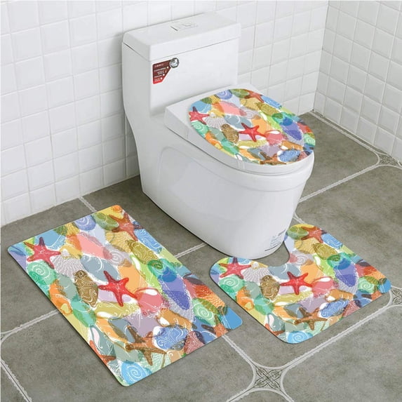 PUDMAD Shells 3 Piece Bathroom Rugs Set Bath Rug Contour Mat and Toilet Lid Cover
