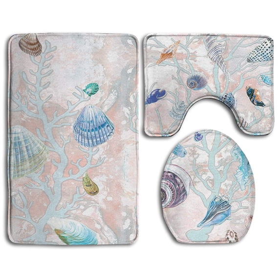 PUDMAD Shells Sea Life 3 Piece Bathroom Rugs Set Bath Rug Contour Mat and Toilet Lid Cover