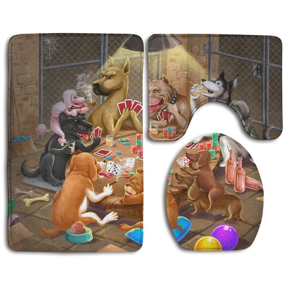 PUDMAD Shelter Dogs Playing Poker 3 Piece Bathroom Rugs Set Bath Rug Contour Mat and Toilet Lid Cover