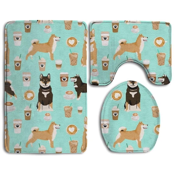 PUDMAD Shiba Inu Coffee Dog and Coffees 3 Piece Bathroom Rugs Set Bath Rug Contour Mat and Toilet Lid Cover