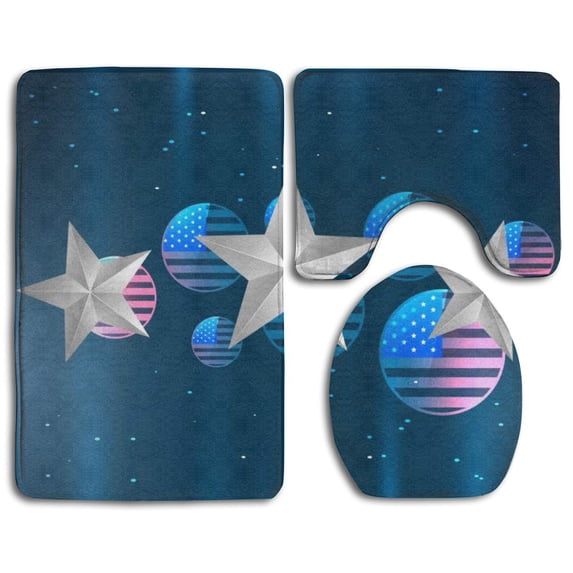 PUDMAD Shiny American Flag 3 Piece Bathroom Rugs Set Bath Rug Contour Mat and Toilet Lid Cover