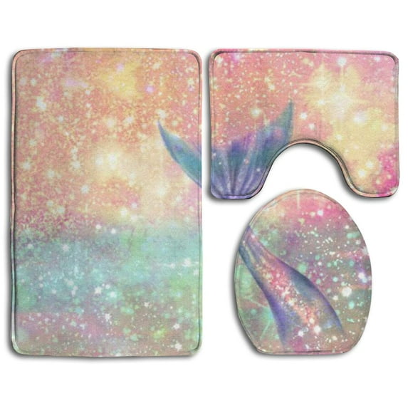 PUDMAD Shiny Pink Mermaid Tail 3 Piece Bathroom Rugs Set Bath Rug Contour Mat and Toilet Lid Cover