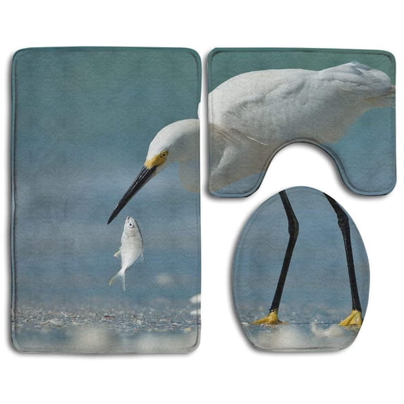 PUDMAD Shorebird Catches A Fish 3 Piece Bathroom Rugs Set Bath Rug Contour Mat and Toilet Lid Cover