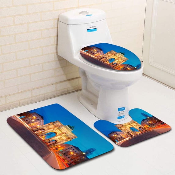 PUDMAD Siegestor Victory Gate at Night Munich Germany 3 Piece Bathroom Rugs Set Bath Rug Contour Mat and Toilet Lid Cover