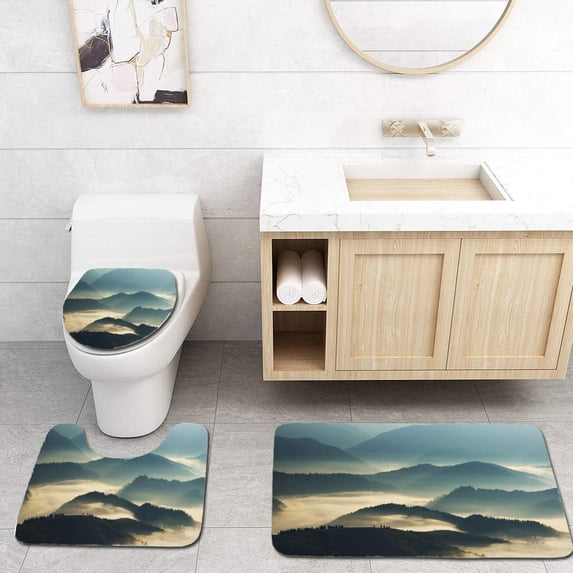 PUDMAD Silhouettes Mountains Autumn Morning in Carpathian Mountains Foggy Dawn 3 Piece Bathroom Rugs Set Bath Rug Contour Mat and Toilet Lid Cover
