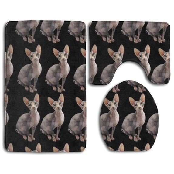 PUDMAD Sitting Sphynx Cat Black 3 Piece Bathroom Rugs Set Bath Rug Contour Mat and Toilet Lid Cover
