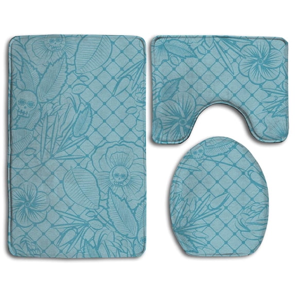 PUDMAD Sketchy Floral Skulls 3 Piece Bathroom Rugs Set Bath Rug Contour Mat and Toilet Lid Cover