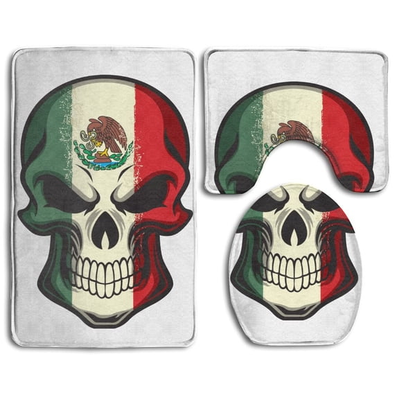 PUDMAD Skull Flag 3 Piece Bathroom Rugs Set Bath Rug Contour Mat and Toilet Lid Cover