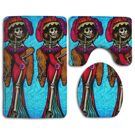 PUDMAD Skull Lady 3 Piece Bathroom Rugs Set Bath Rug Contour Mat and Toilet Lid Cover