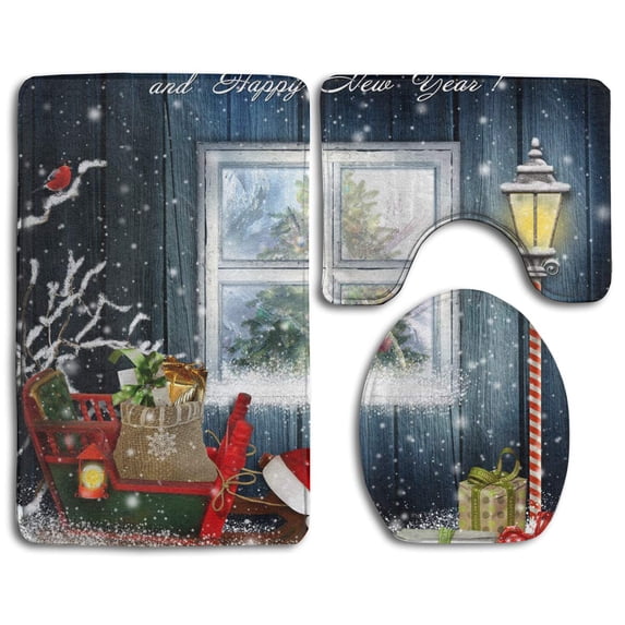 PUDMAD Sleigh and Gifts Outside Window 3 Piece Bathroom Rugs Set Bath Rug Contour Mat and Toilet Lid Cover